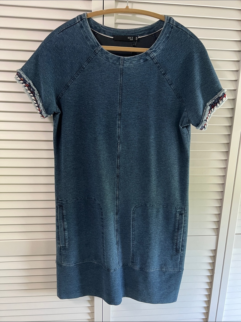 Max Jeans Blue Denim-Style Midi Dress with Braided Sleeve Trim